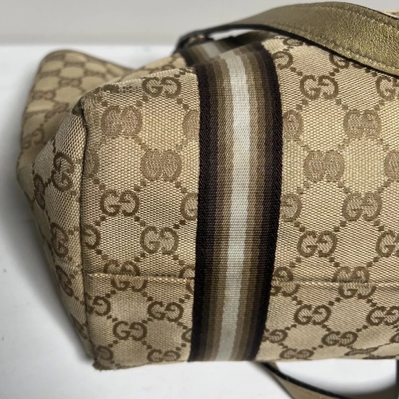 GUCCI Sherry Line Auth GG Pattern Gold Beige Canvas Leather Shoulder Tote Bag - Picture 8 of 16